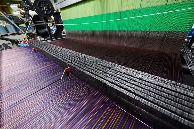Un telaio jacquard con l’ordito viola e il tessuto che ne esce